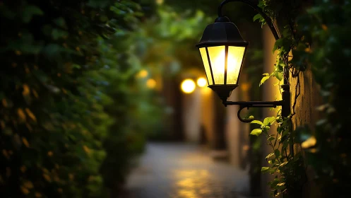 Wall-mounted street lantern on narrow ivy-lined pathway.
