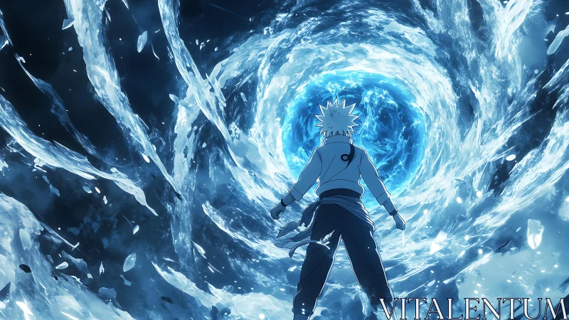 Anime warrior confronts swirling blue elemental vortex portal.
