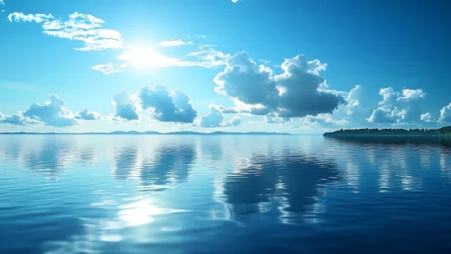 Specular cloud reflections over calm lacustrine horizon plane.