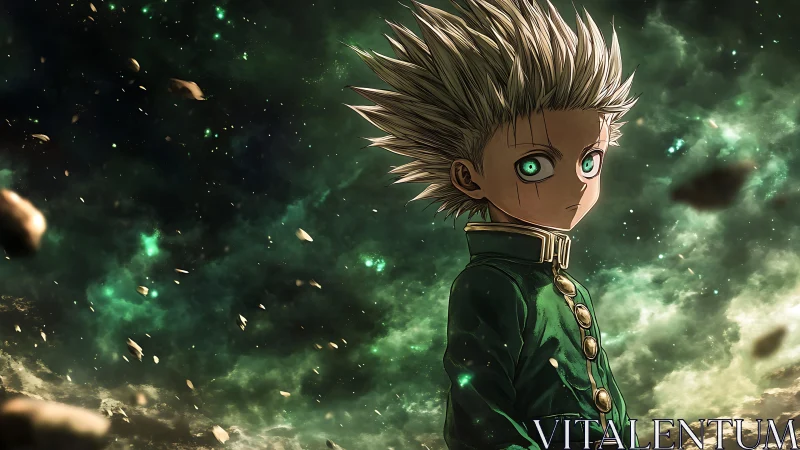 Spiky haired child warrior in emerald cosmic debris field
