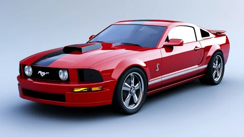 Red performance coupe with black stripe in studio setting.