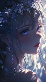 Silver haired anime woman with crystal crown and earrings.