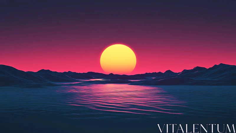 Neon sun sinks over stylized mountains and shimmering water