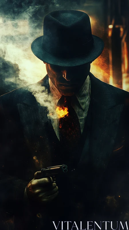 Shadowed mobster stands in smoky firelit alley at night
