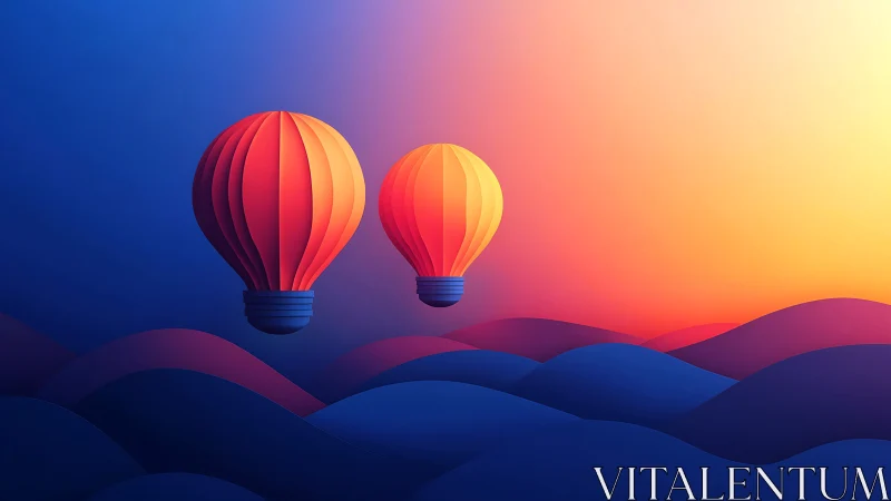 Sunrise hot air balloons over minimalist rolling hills.