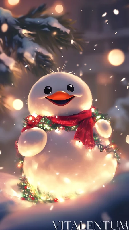 Luminous cartoon snowman with bokeh-lit festive garland.