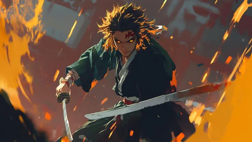 Firelit ronin sprinting through sparks and sharpened steel.