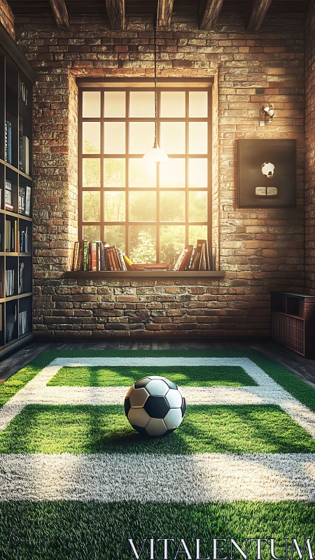 Industrial loft library with soccer field rug centerpiece.