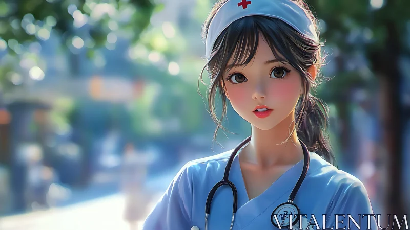 Anime nurse portrait captures soft daylight street atmosphere