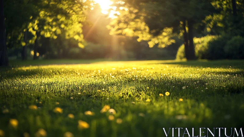 Sunlit park lawn with glowing grass in soft, dreamy light.