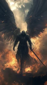 Ashborne seraph strides through stormfire with shadowed steel.