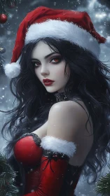 Dark-haired gothic Christmas pinup in red satin corset dress