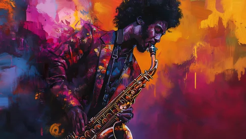 Saxophonist in multicolored abstract environment during play.