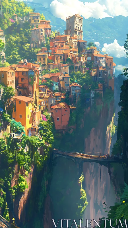 Cliffside terraced city over deep gorge in bright daylight.
