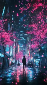 Neon city street glows beneath falling sakura petals at night.
