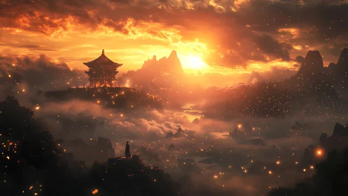 Embers drift skyward as a lone pilgrim greets the sun