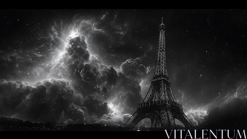 Starlit Eiffel Tower dreaming beneath cosmic storm clouds.