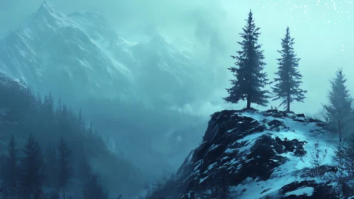 Subalpine conifers on snowbound cliff against misted peaks