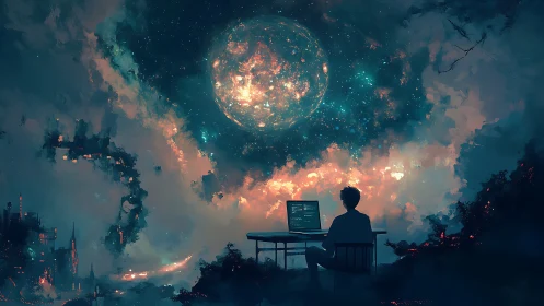 Stellar-scale coder visualizing a luminous data-sphere horizon.