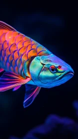 Neon arowana glides through dark water in side profile view