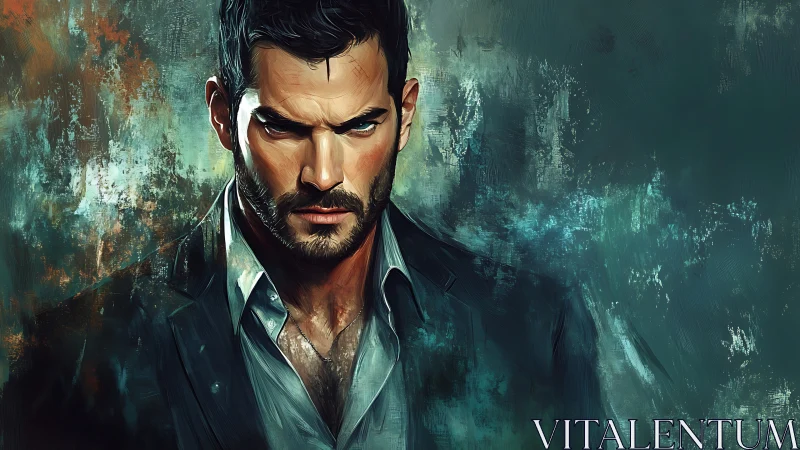 Brooding male portrait in digital oil style, teal textured field