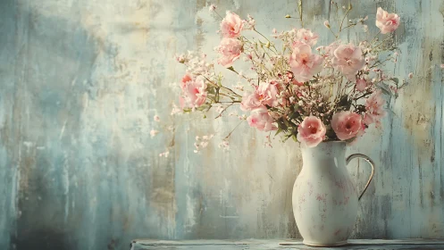 Pink Roses in Vintage White Pitcher Against Distressed Blue Wall