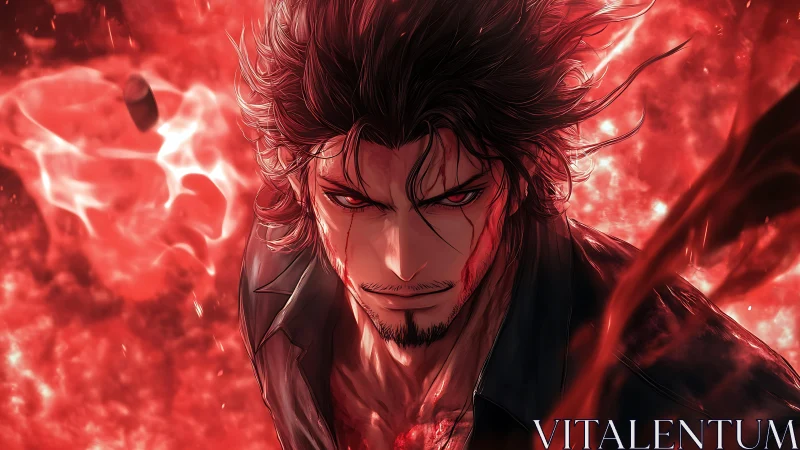 Red-lit anime male figure with intense gaze and flames.