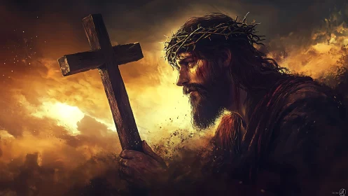 Crowned male figure carrying wooden cross in glowing sky.