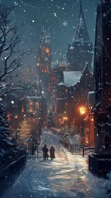 Snow-covered street leads to illuminated gothic buildings