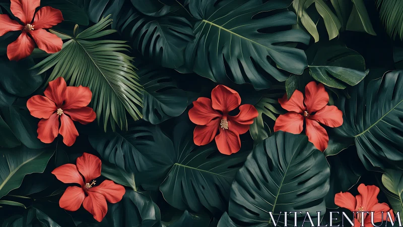 Tropical flowers and dense foliage arranged in systematic botanical composition.