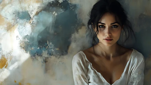 Soft-lit girl against stormy teal canvas of quiet thunder.