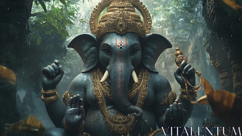 Ganesha sculpture sits in misty jungle temple light.