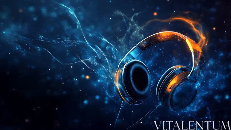 Over-ear headphones with blue-orange energy plasma trails in void