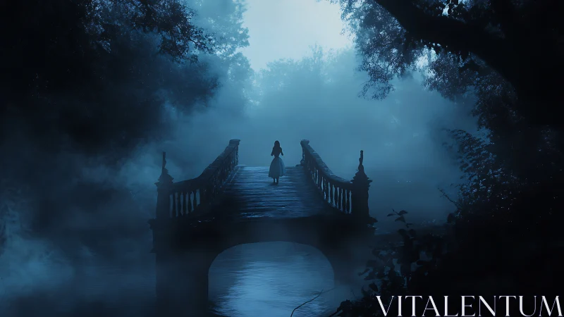 Lone figure crosses a misty bridge under deep blue twilight
