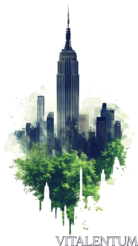 Urban skyscraper merges with lush green forest below.