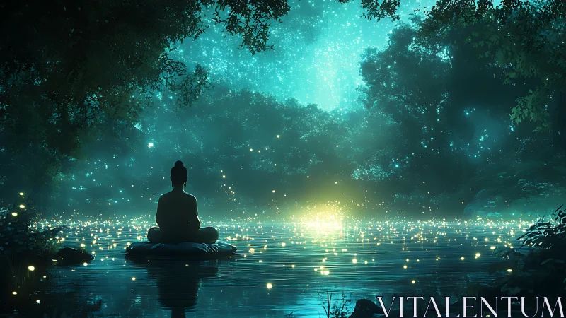 Meditating figure overlooks bioluminescent forest lake at night