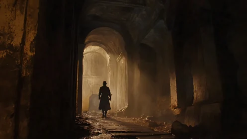 Silhouetted figure in long coat within decayed stone corridor.