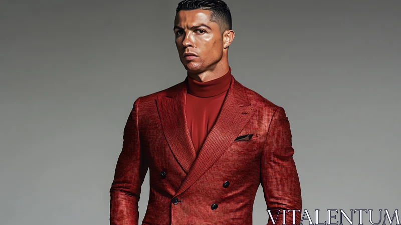 Confident man in a red suit standing with calm elegance.