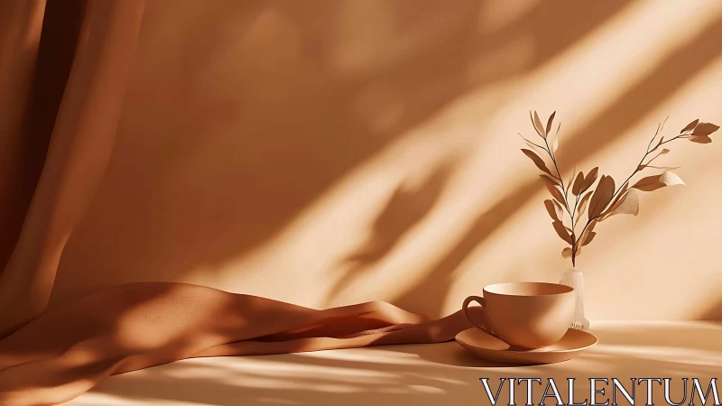 Monochrome ceramic teacup still life in golden side light.