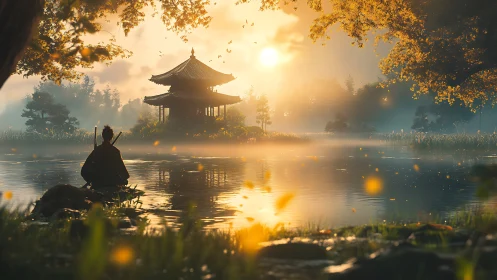 Samurai at lakeside shrine under golden sunrise mist.