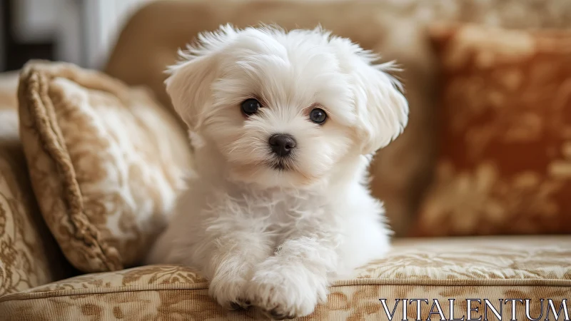 Fluffy white puppy relaxes on plush golden sofa in sunlight