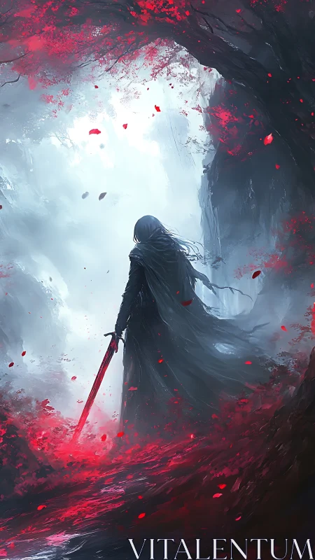 Wandering swordbearer beneath crimson storm of petals.