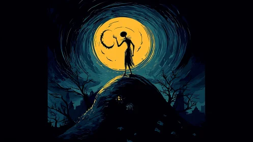 Silhouetted figure on hill against large yellow moon at night.