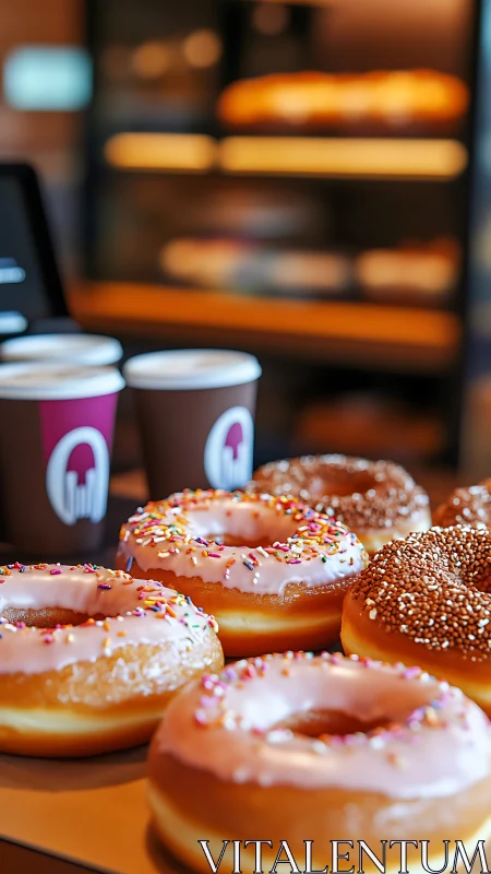 Glazed donuts and coffee cups in softly blurred café setting.