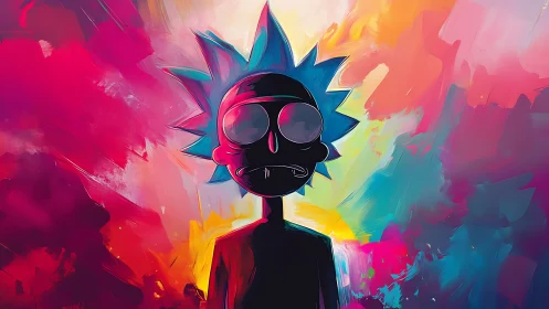 Neon cartoon figure silhouette on vivid abstract background.