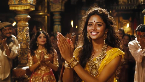 Smiling woman in gold saree applauds during festive celebration