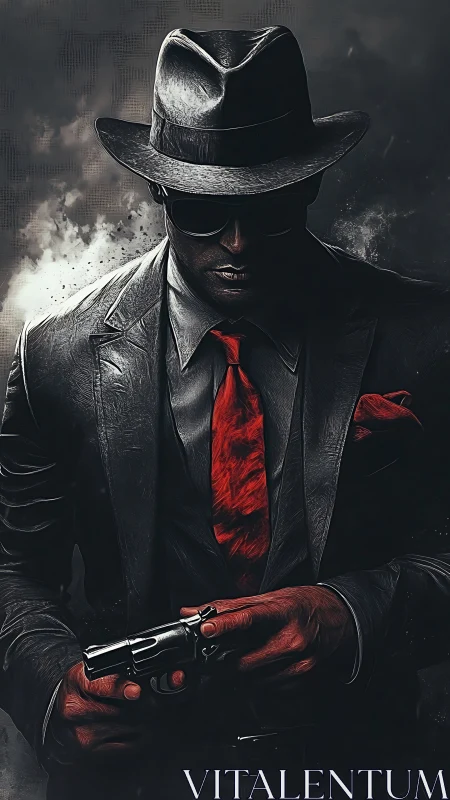 Suited figure in fedora adjusts revolver in low key lighting