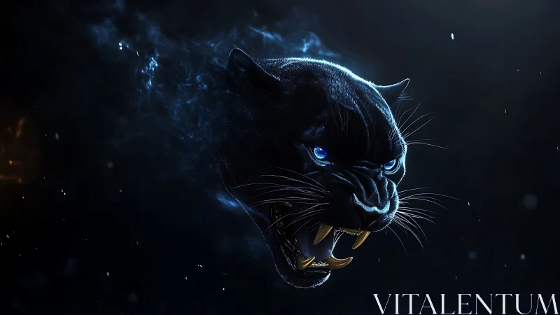 Black Panther with Glowing Blue Eyes Against Dark Background