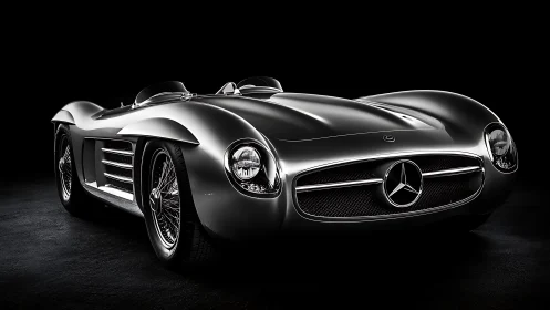 Silver classic roadster showcases sculpted aerodynamic body.
