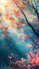 Autumn foliage with light beams in a softly lit forest scene.